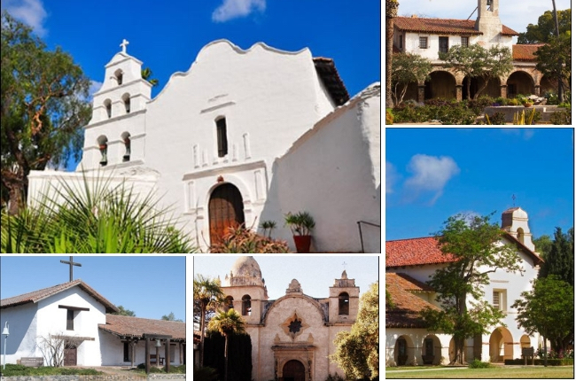 A collage featuring 5 of the 21 famous California missions along El Camino Real.